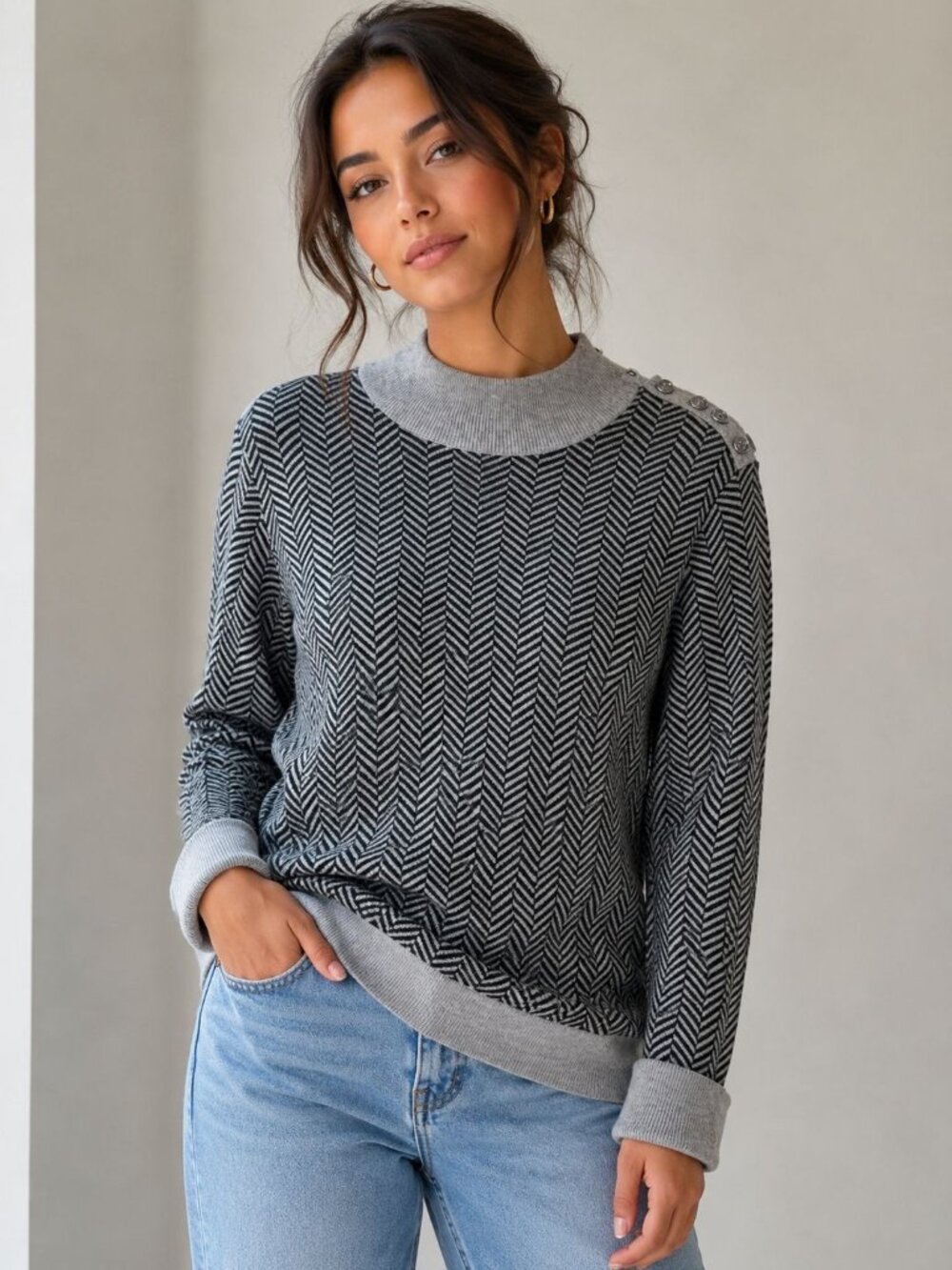 Calvin Klein Sweater Size Large Black Gray Herringbone Pattern Button Shoulder